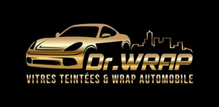 Dr. Wrap logo featuring gold car silhouette and city skyline with text for tinted windows and car wrapping services