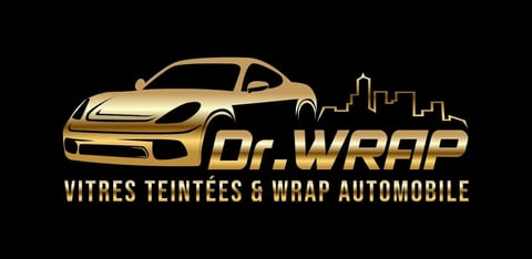 Dr. Wrap logo featuring gold car silhouette and city skyline with text for tinted windows and car wrapping services